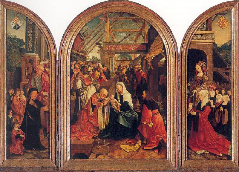 Oostsanen, Jacob Cornelisz van Tryptych with the Adoration of the Magi, Donors, and Saints oil painting picture